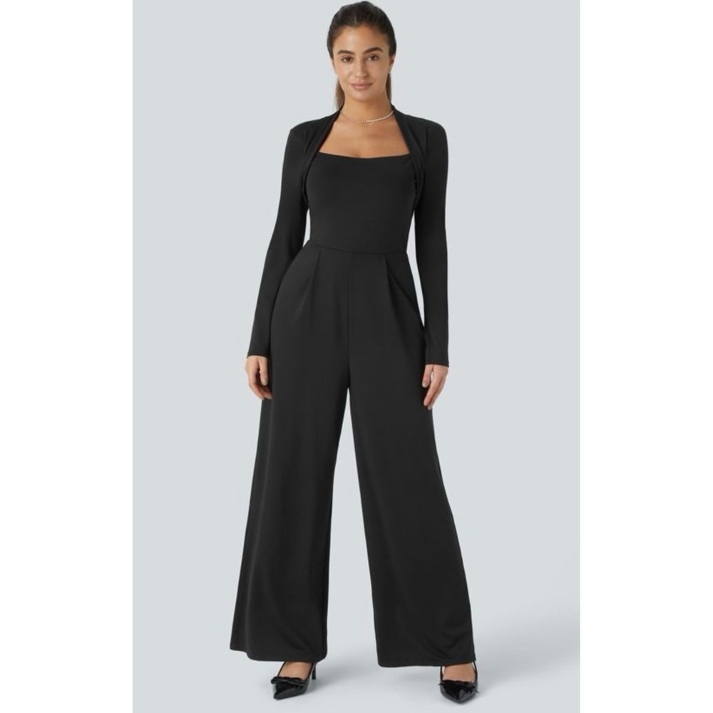Halara brand black long-sleeve jumpsuit square/scoop neck wide-leg style NWT L